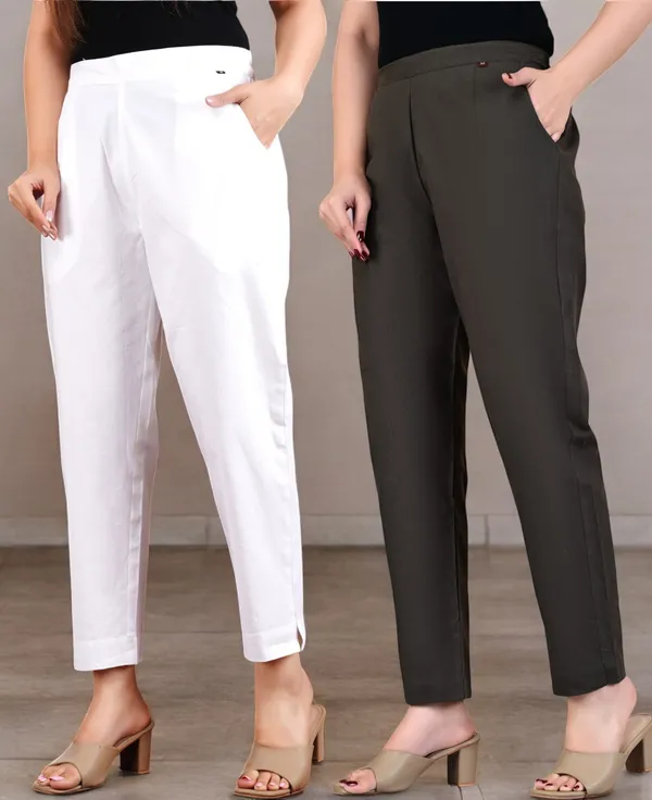 Pack_of_2_White_&_Grey_Cotton_Elastic_Mid_Waist_band_Women_Trouser