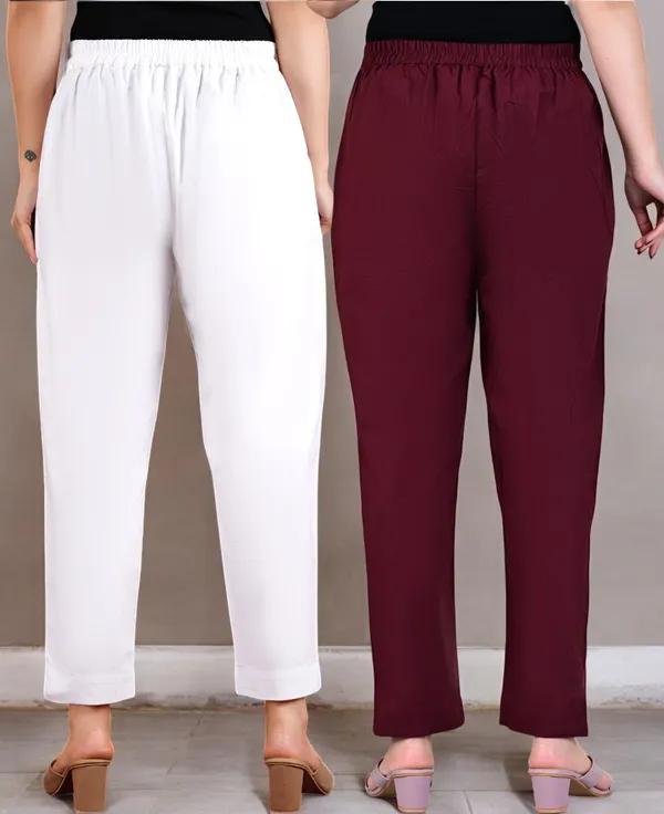 Pack_of_2_White_&_Maroon_Cotton_Elastic_Mid_Waist_band_Women_Trouser