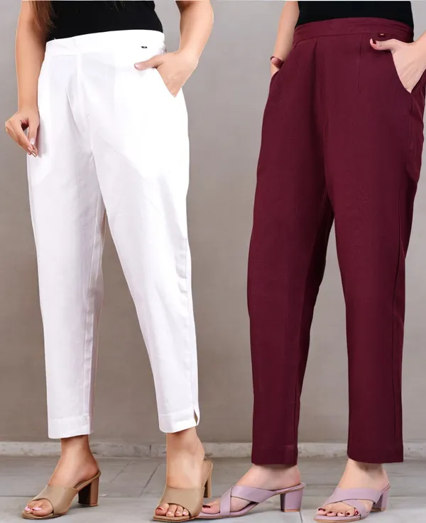 Pack_of_2_White_&_Maroon_Cotton_Elastic_Mid_Waist_band_Women_Trouser