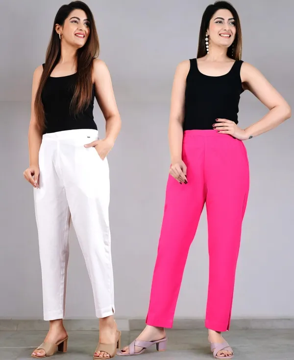 Pack_of_2_White_&_Pink_Cotton_Elastic_Mid_Waist_band_Women_Trouser