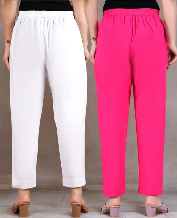 Pack_of_2_White_&_Pink_Cotton_Elastic_Mid_Waist_band_Women_Trouser