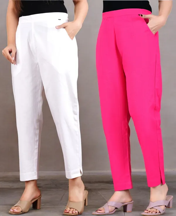 Pack_of_2_White_&_Pink_Cotton_Elastic_Mid_Waist_band_Women_Trouser