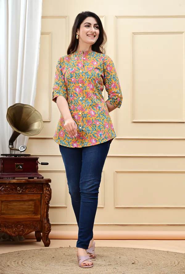 Mustard_Printed_Button_Down_Top_For_Women