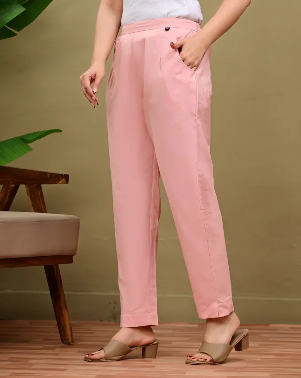 Baby_Pink_Cotton_Elastic_Mid_Waist_band_Women_Trouser