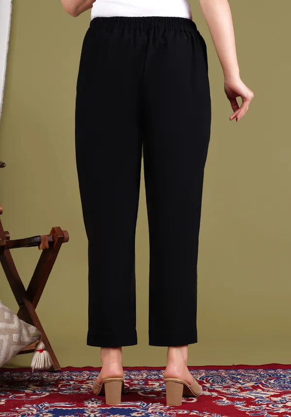 Black_Cotton_Elastic_Mid_Waist_band_Women_Trouser