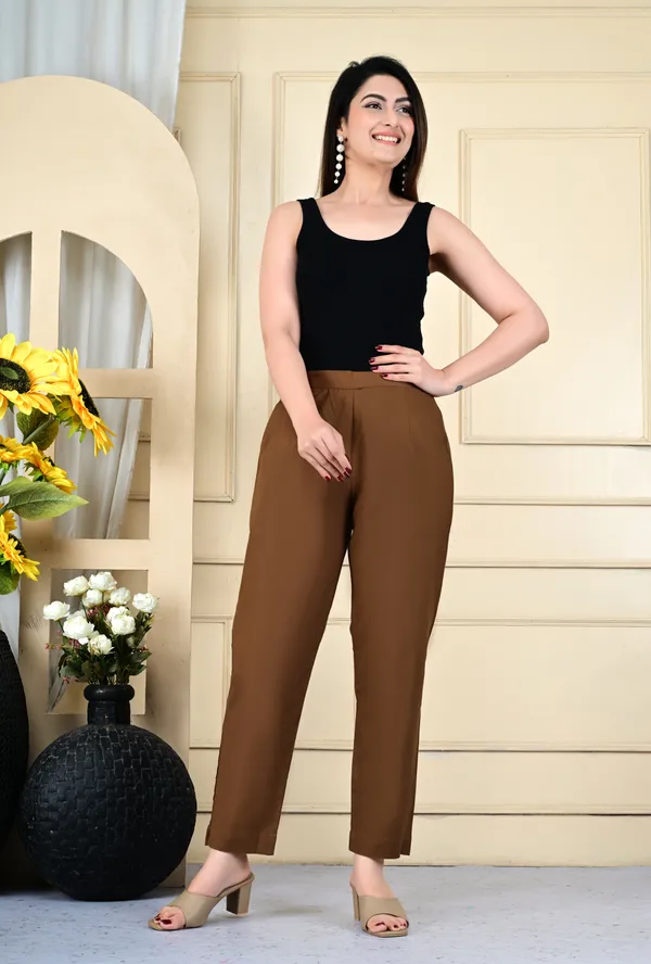 Brown_Cotton_Elastic_Mid_Waist_band_Women_Trouser