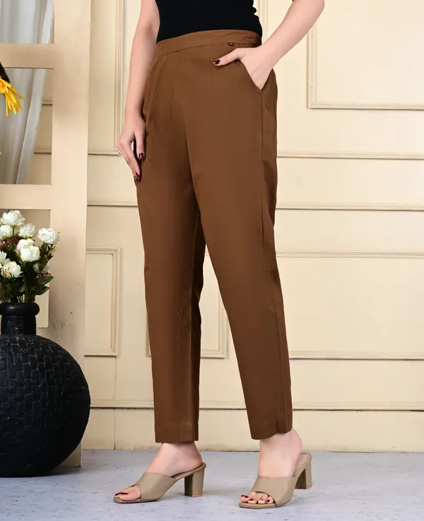Brown_Cotton_Elastic_Mid_Waist_band_Women_Trouser