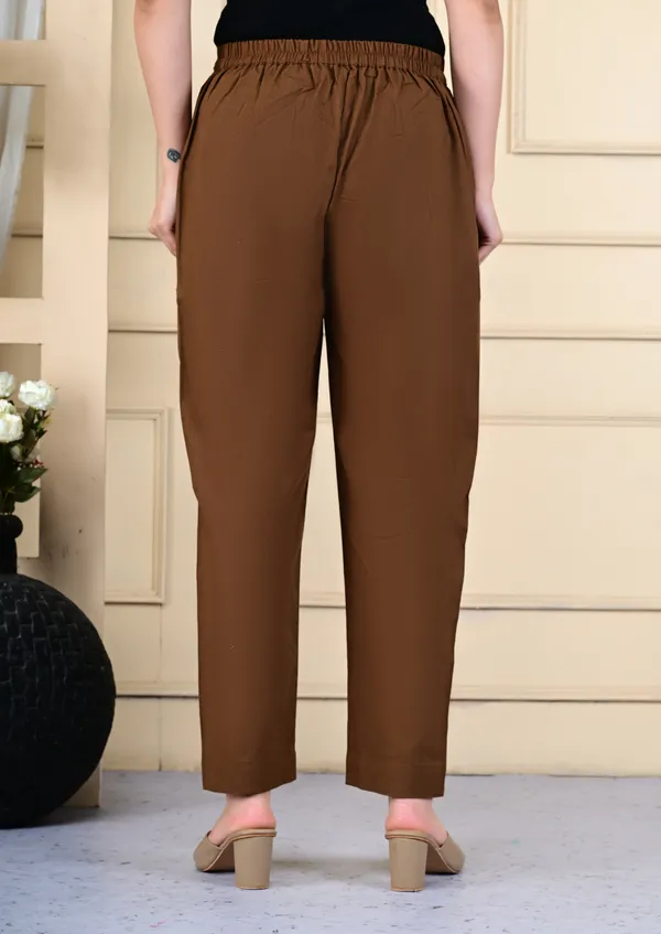 Brown_Cotton_Elastic_Mid_Waist_band_Women_Trouser