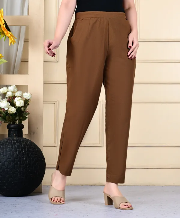 Brown_Cotton_Elastic_Mid_Waist_band_Women_Trouser