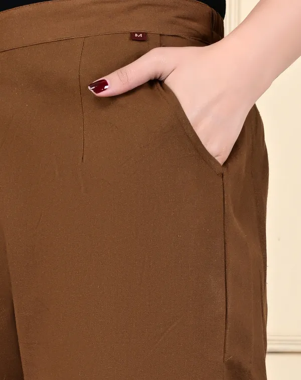 Brown_Cotton_Elastic_Mid_Waist_band_Women_Trouser