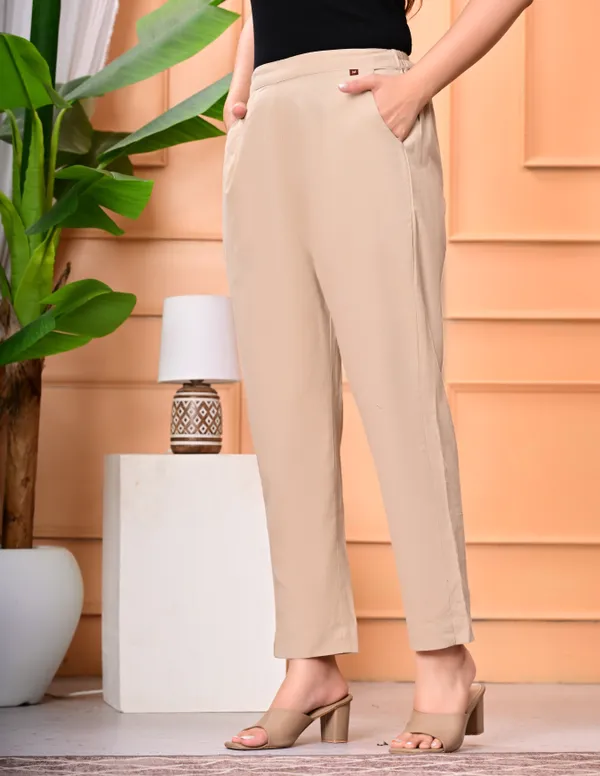 Cream_Cotton_Elastic_Mid_Waist_band_Women_Trouser