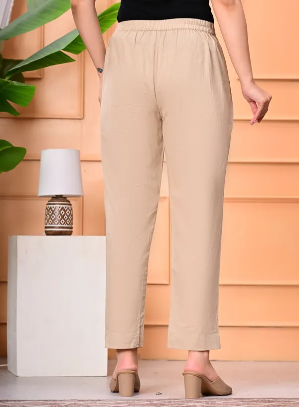 Cream_Cotton_Elastic_Mid_Waist_band_Women_Trouser