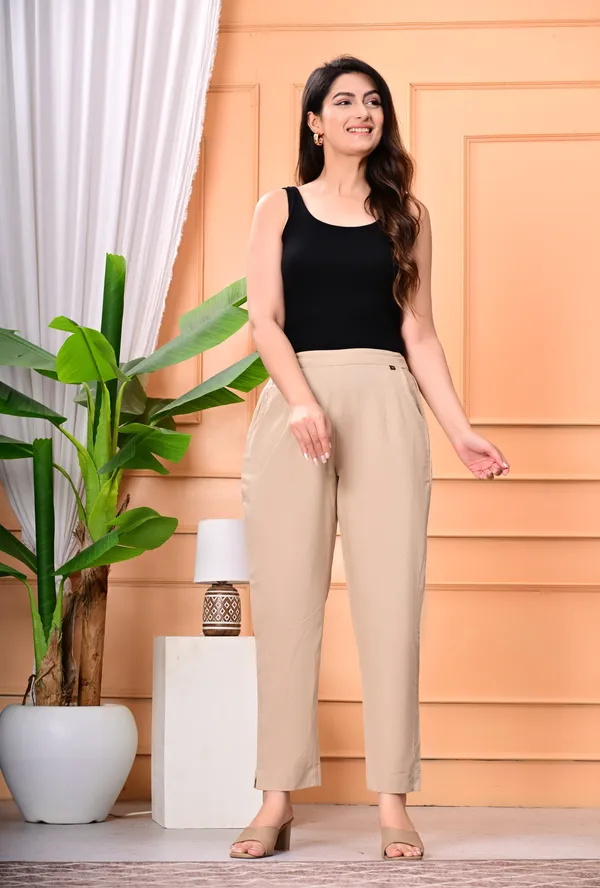 Cream_Cotton_Elastic_Mid_Waist_band_Women_Trouser