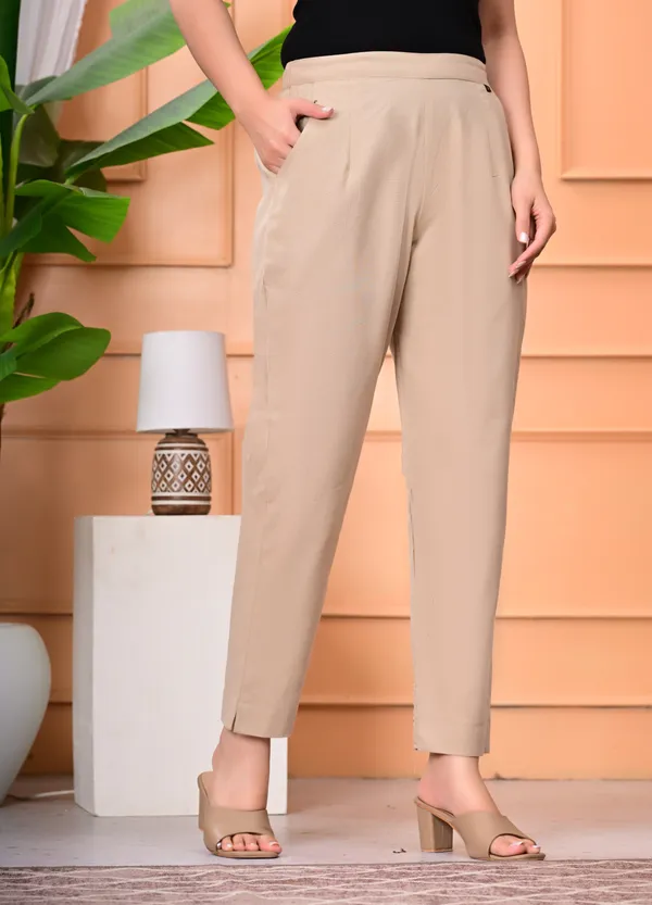 Cream_Cotton_Elastic_Mid_Waist_band_Women_Trouser