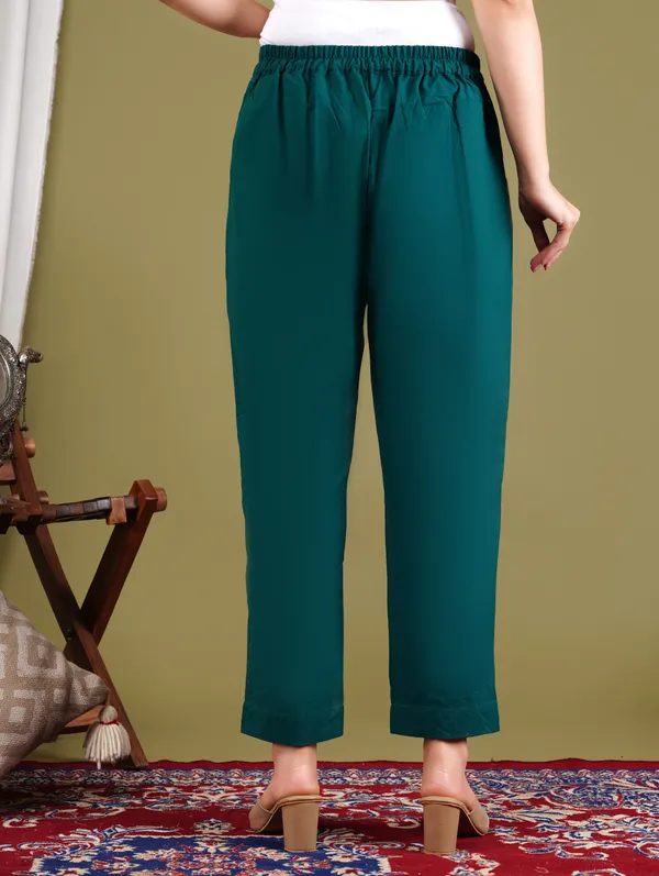 Olive_Green_Cotton_Elastic_Mid_Waist_band_Women_Trouser