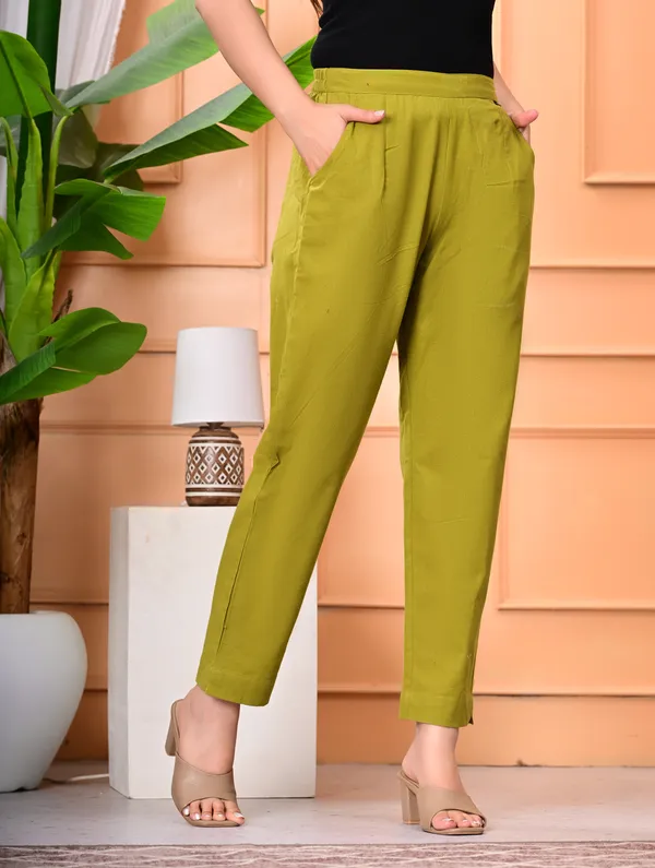 Green_Cotton_Elastic_Mid_Waist_band_Women_Trouser