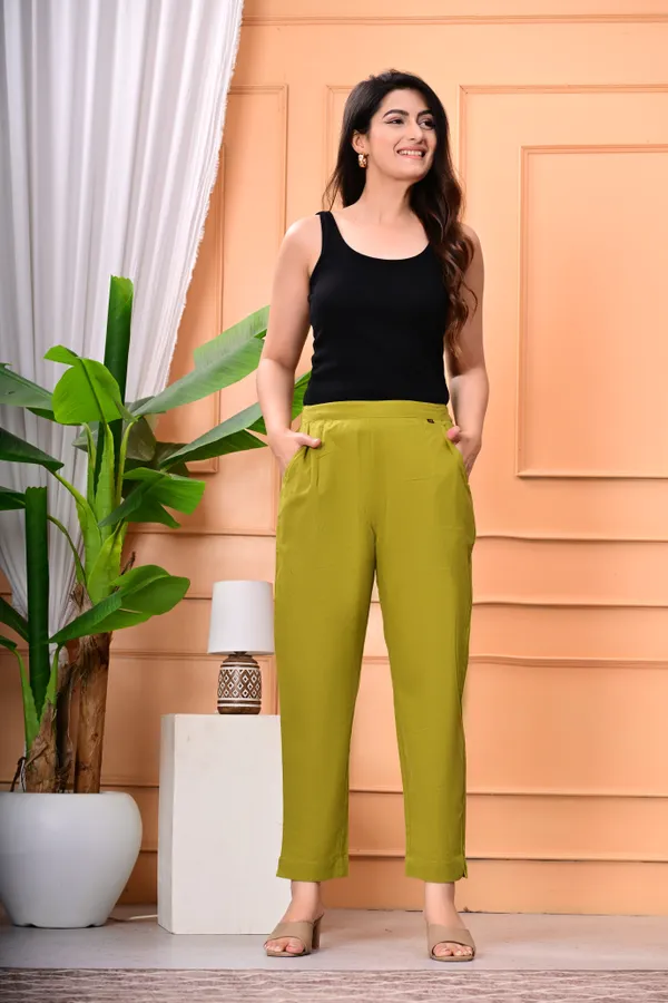 Green_Cotton_Elastic_Mid_Waist_band_Women_Trouser