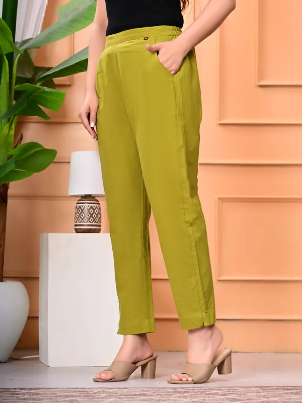 Green_Cotton_Elastic_Mid_Waist_band_Women_Trouser