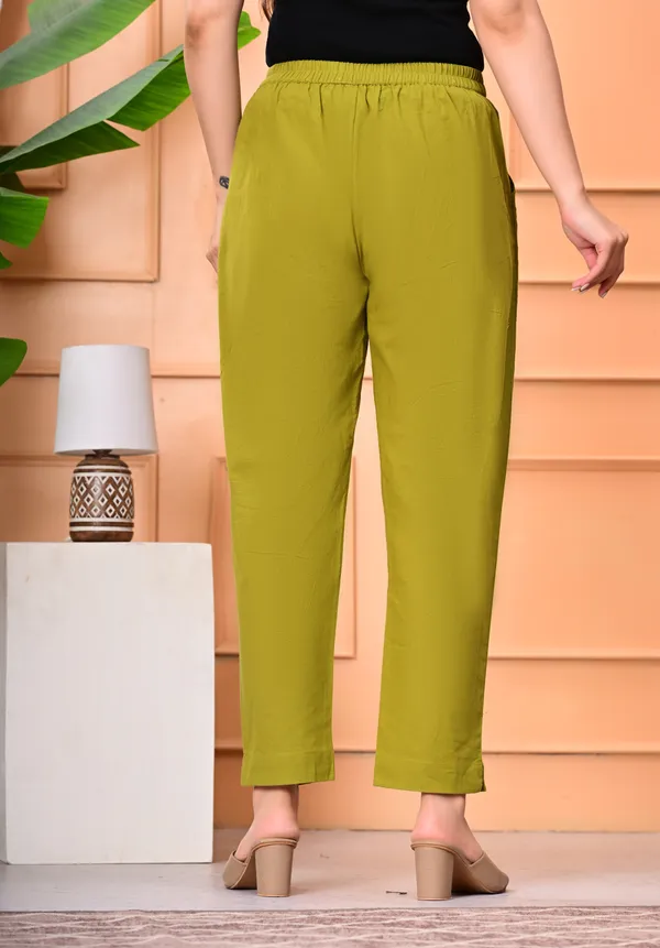 Green_Cotton_Elastic_Mid_Waist_band_Women_Trouser