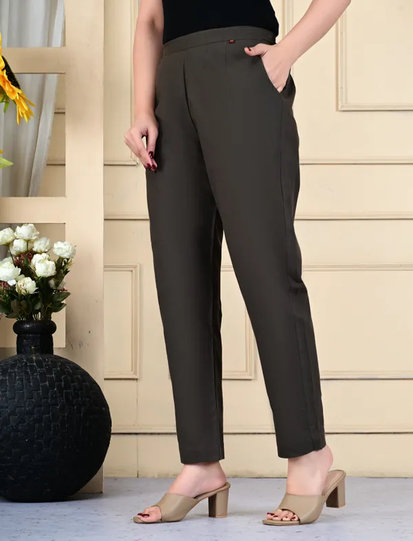 Grey_Cotton_Elastic_Mid_Waist_band_Women_Trouser