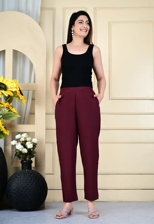 Maroon_Cotton_Elastic_Mid_Waist_band_Women_Trouser