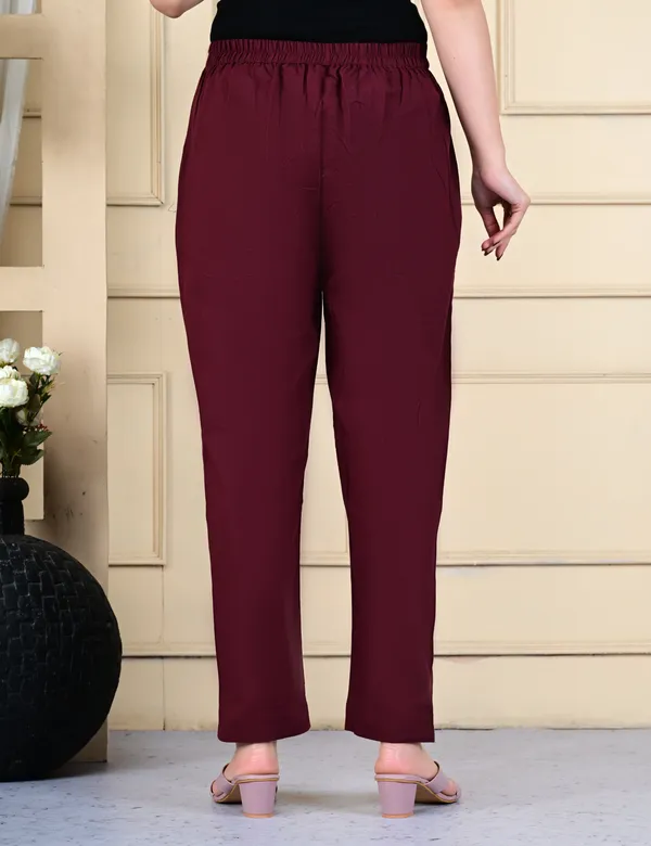 Maroon_Cotton_Elastic_Mid_Waist_band_Women_Trouser