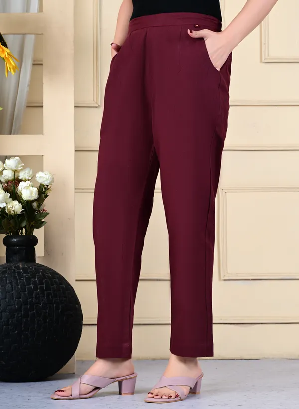 Maroon_Cotton_Elastic_Mid_Waist_band_Women_Trouser
