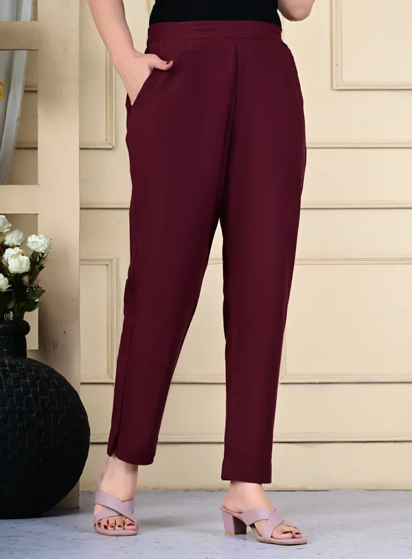 Maroon_Cotton_Elastic_Mid_Waist_band_Women_Trouser