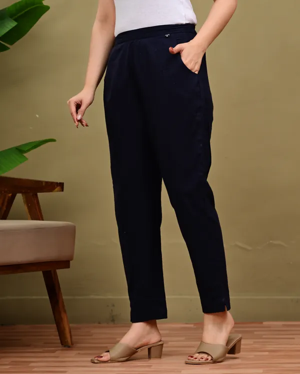 Navy_Blue_Cotton_Elastic_Mid_Waist_band_Women_Trouser