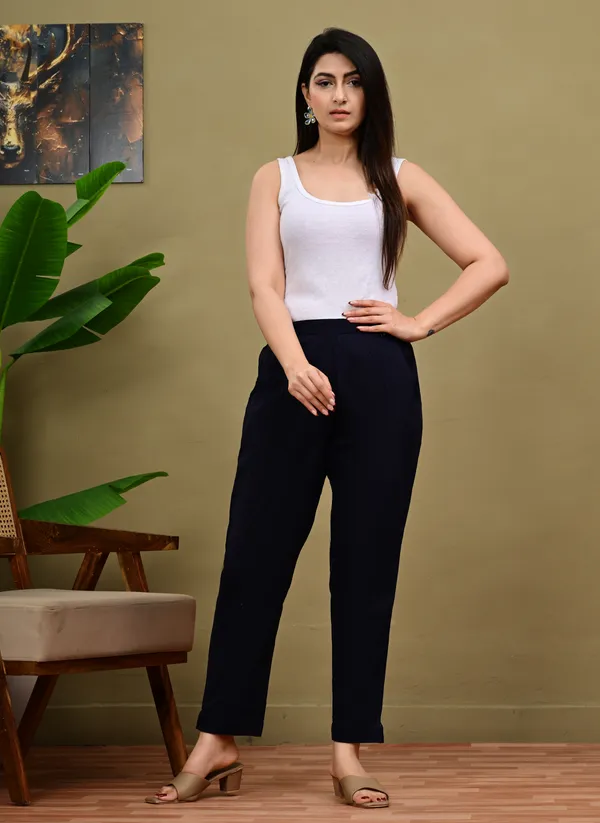 Navy_Blue_Cotton_Elastic_Mid_Waist_band_Women_Trouser