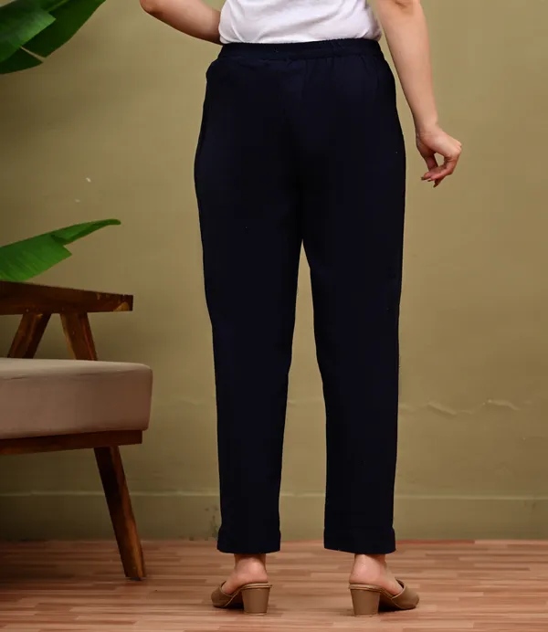 Navy_Blue_Cotton_Elastic_Mid_Waist_band_Women_Trouser