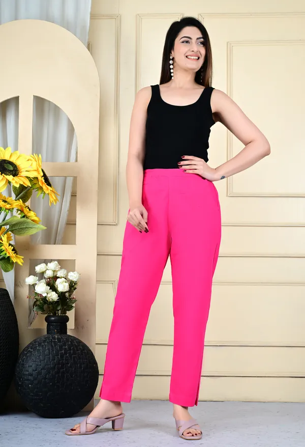 Pink_Cotton_Elastic_Mid_Waist_band_Women_Trouser