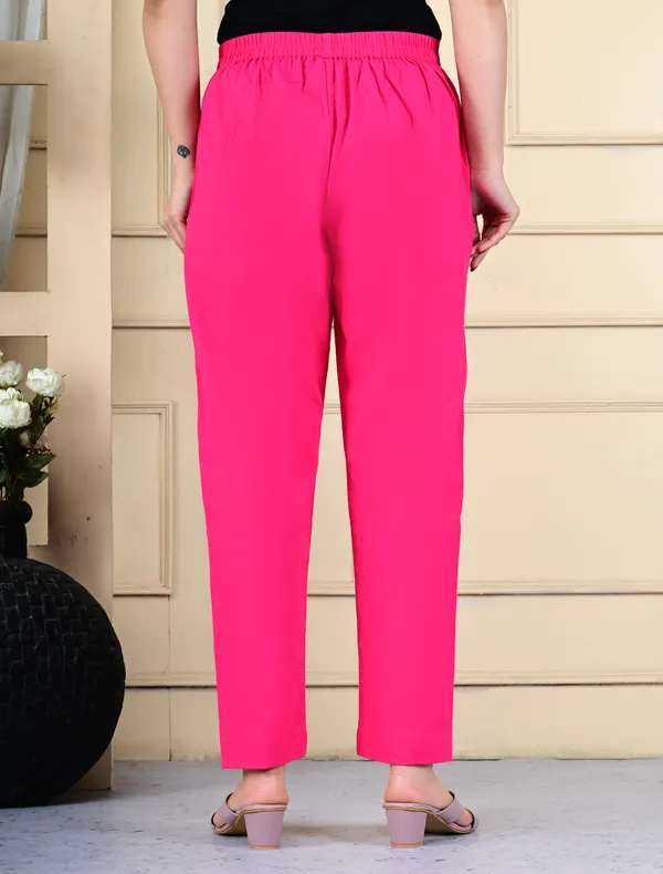 Pink_Cotton_Elastic_Mid_Waist_band_Women_Trouser