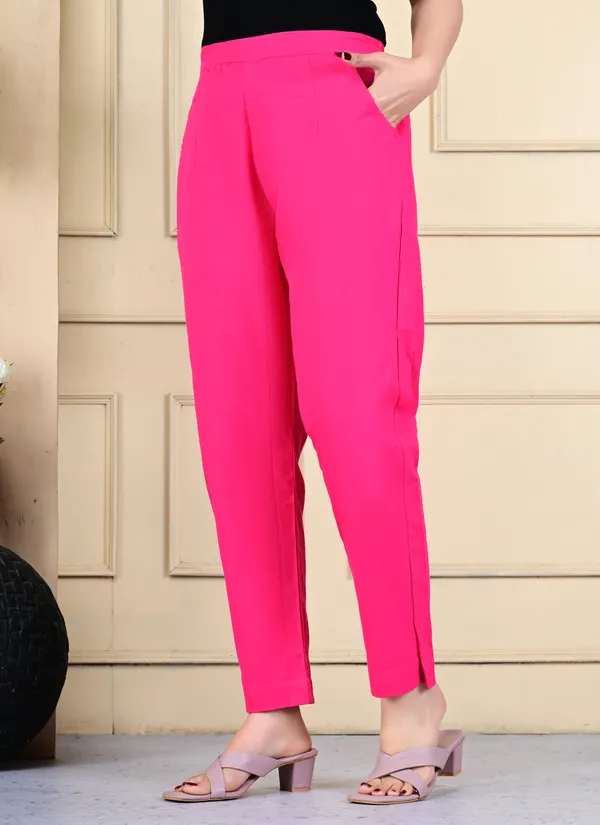 Pink_Cotton_Elastic_Mid_Waist_band_Women_Trouser