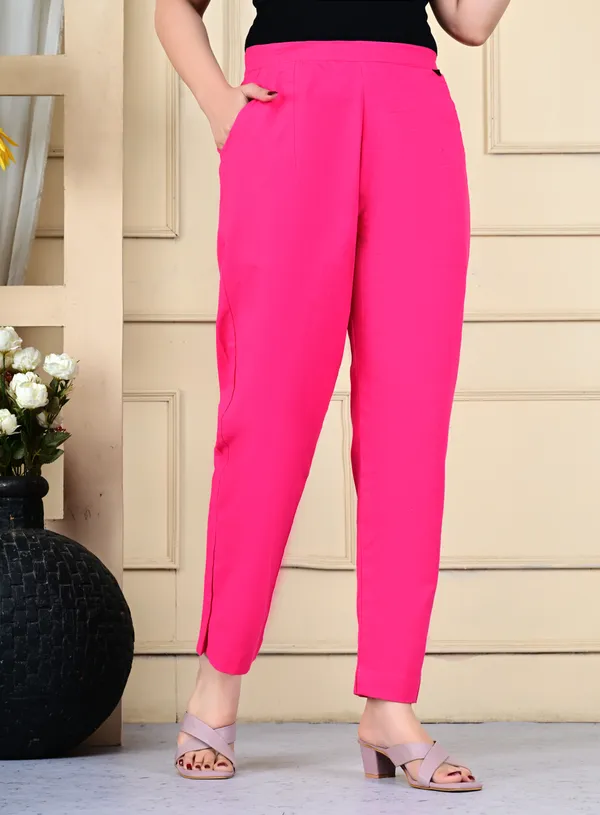 Pink_Cotton_Elastic_Mid_Waist_band_Women_Trouser