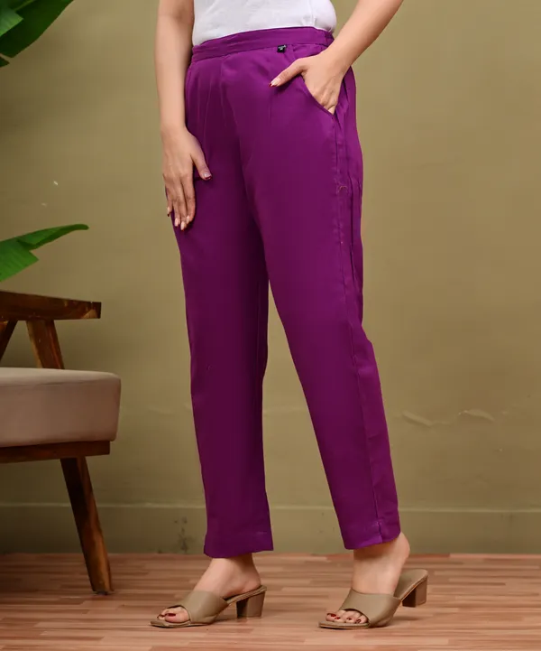 Purple_Cotton_Elastic_Mid_Waist_band_Women_Trouser