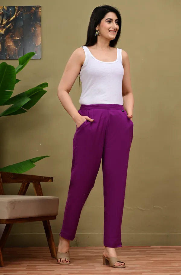 Purple_Cotton_Elastic_Mid_Waist_band_Women_Trouser