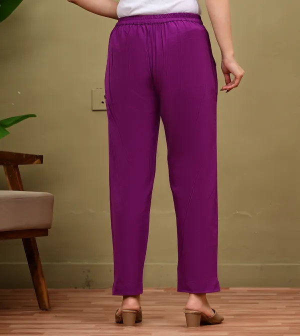 Purple_Cotton_Elastic_Mid_Waist_band_Women_Trouser