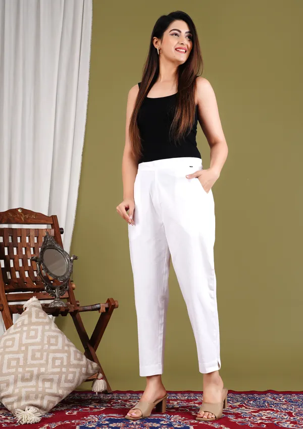 White_Cotton_Elastic_Mid_Waist_band_Women_Trouser