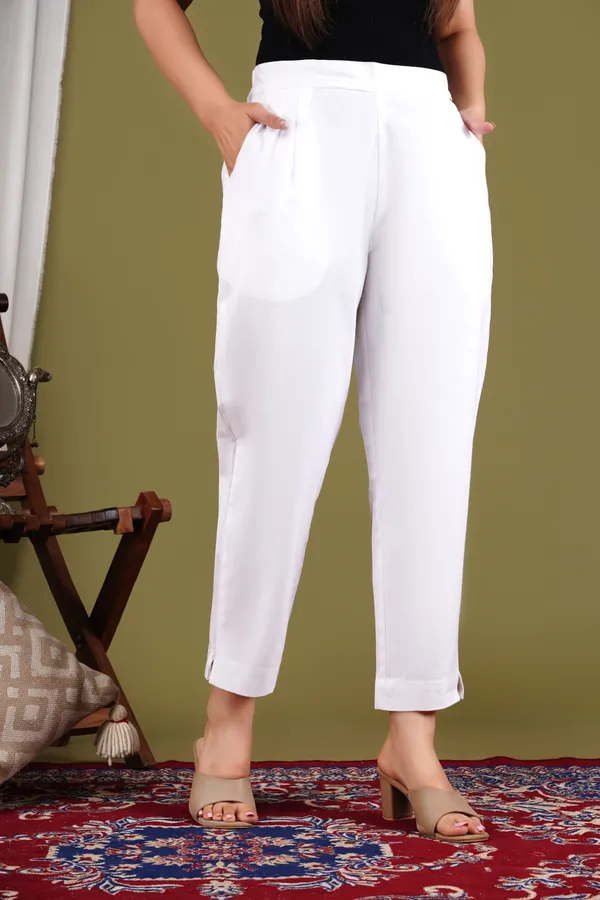 White_Cotton_Elastic_Mid_Waist_band_Women_Trouser