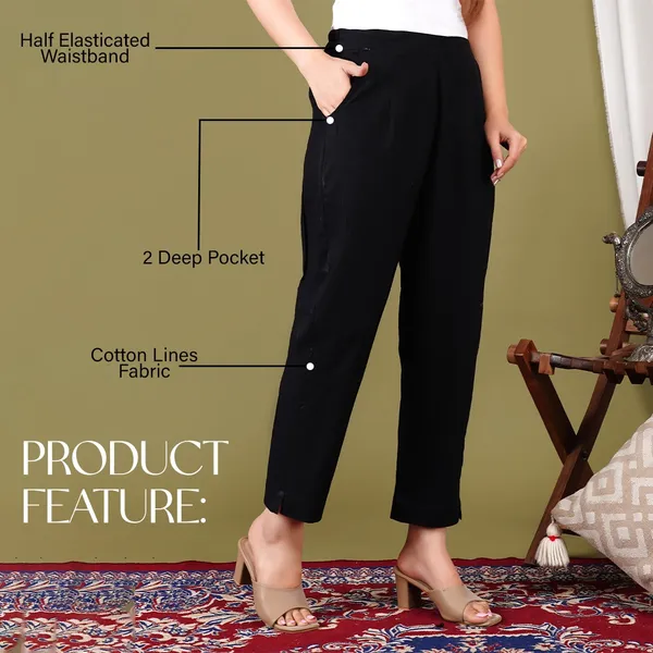 Black_Cotton_Elastic_Mid_Waist_band_Women_Trouser