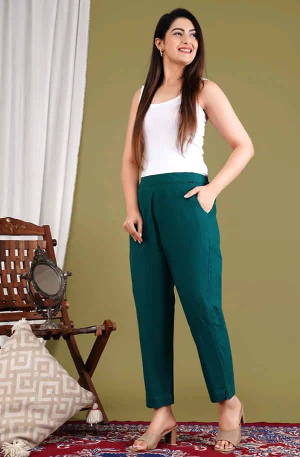 Olive_Green_Cotton_Elastic_Mid_Waist_band_Women_Trouser