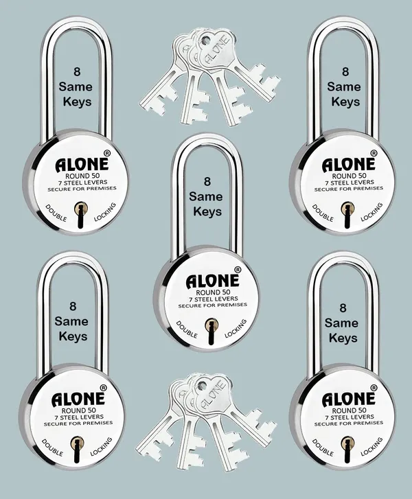 Pack_of_5_Silver_Round_50mm_8_Same_Keys_with_5_Padlocks,_Long_Shackle_Double_Locking_Padlocks_For_Home_Door_Grill_Gate_Shop_Shutter,_Chrome_Finish_Rust_Free