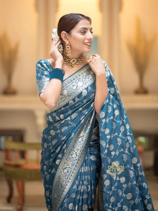 Teal_Blue_Banarasi_Saree_New_Collection_�_Latest_Design_Soft_Lichi_Silk_Partywear_Sadi_With_Heavy_Brocade_Blouse,_Rich_Pallu,_and_Zari_Weaving_|_Trending_Wedding_Saree_for_Women