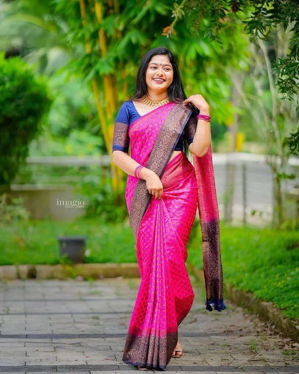 Pink_Banarasi_Lichi_Silk_Saree_New_Collection_|_Premium_Quality_Party_Wear_Saree_with_Contrast_Navy_Blue_Blouse_Piece_|_Wedding_&_Festive_Wear_Silk_Sari