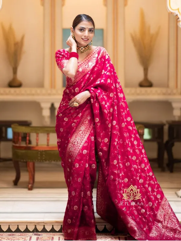 Rani_Pink_Banarasi_Saree_New_Collection_for_Wedding_�_Latest_Design_Rich_Pallu_Sadi_with_Blouse_Piece_|_Trending_Partywear_Two_Tone_Saree_|_Soft_Lichi_Silk_Saree