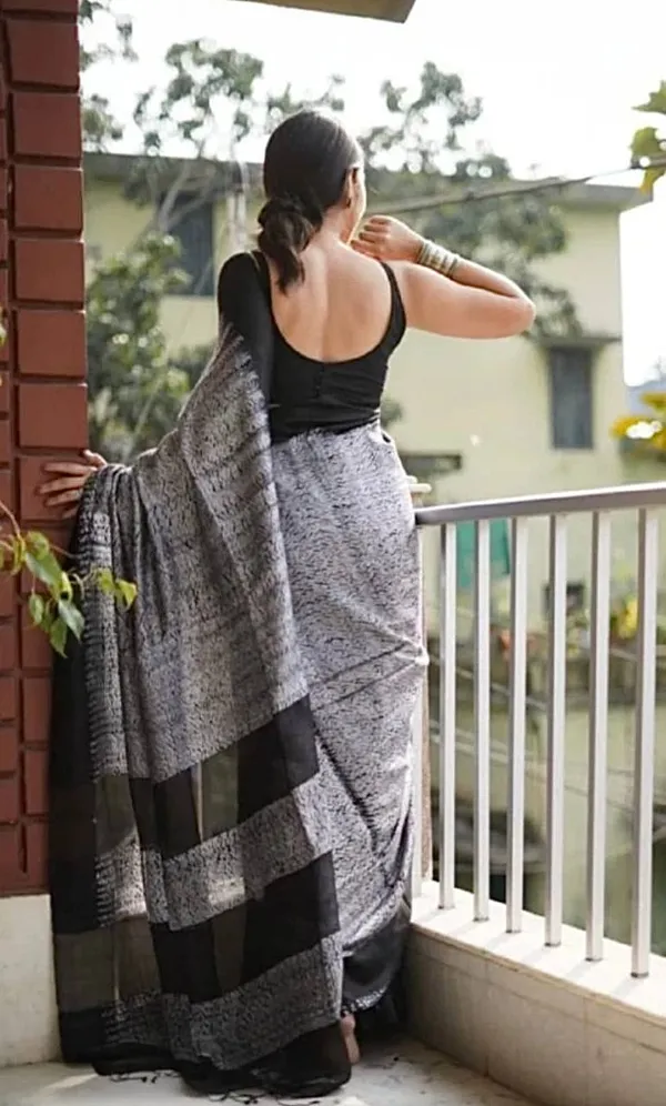 Latest_Grey_Melange_Saree_With_Black_Blouse_|_Premium_Quality_Cotton_Slub_Saree_New_Collection_|_Partywear_Designer_Saree_For_Women_By_Ficshop
