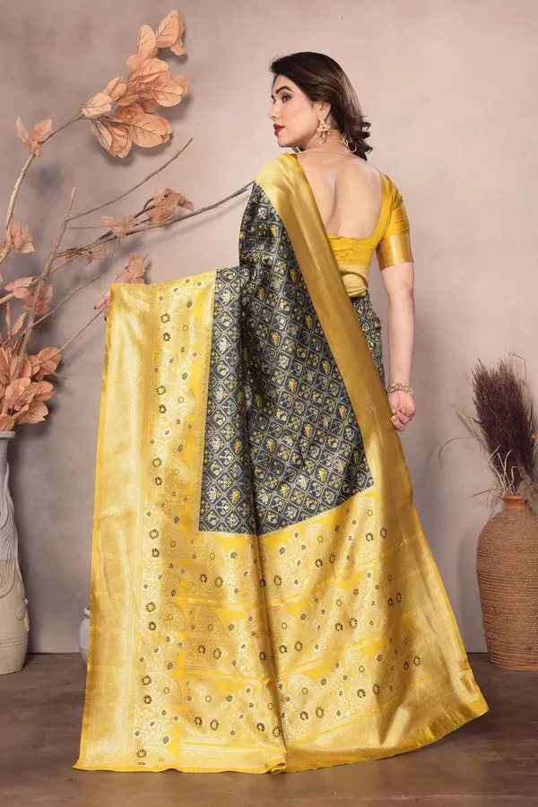Trending_Yellow_&_Navy_Blue_Litchi_Silk_Kanjeevaram_Pattu_Party_Wear_Sadi_with_Blouse_Piece_|_Latest_Design_Wedding_Sari