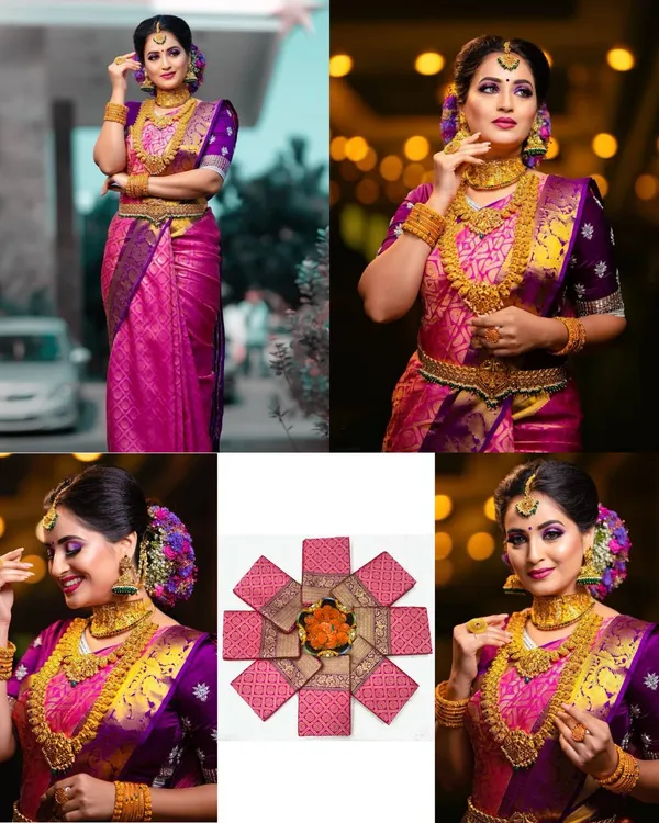 Premium_Pink_Kanjivaram_Style_Lichi_Silk_Saree_|_Wedding_&_Party_Wear_Designer_Sadi_with_Contrast_Purple_Blouse_Piece_|_Ficshop_New_Saree_Collection_Soft_Silk_Fabric