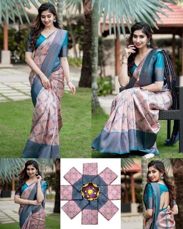 Latest_Design_Soft_Lichi_Silk_Pastel_Pink_&_Teal_Blue_Jacquard_Woven_Pattu_Partywear_Sadi_with_Blouse_Piece_�_Trending_Kanjivaram_Wedding_Sari